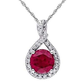 Stella Grace 10k White Gold 1/4 Carat T.W Diamond & Lab-Created Ruby Teardrop Pendant Necklace
