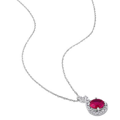 Stella Grace 10k White Gold 1/4 Carat T.W Diamond & Lab-Created Ruby Teardrop Pendant Necklace 
