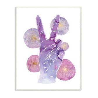 Stupell Home Decor Purple Watercolor Peace Hand Sign with Abstract Shapes Plaque Wall Art
