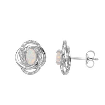 Sterling Silver Lab-Created White Opal & Diamond Accent Oval Knot Earrings