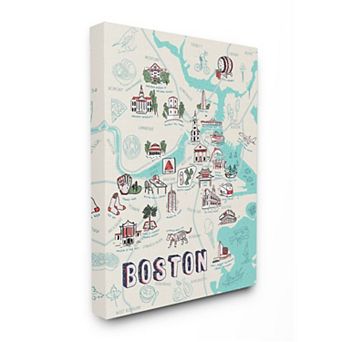 Stupell Home Decor Illustrative Map of Boston Massachusetts Landmarks Canvas Wall Art