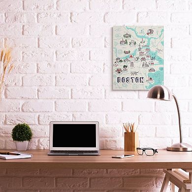 Stupell Home Decor Illustrative Map of Boston Massachusetts Landmarks Canvas Wall Art