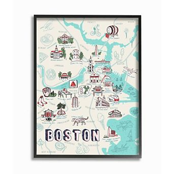 Stupell Home Decor Illustrative Map of Boston Massachusetts Landmarks Wall Art