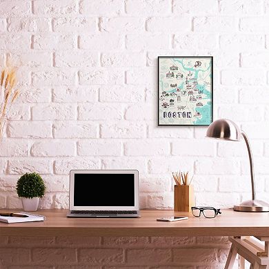 Stupell Home Decor Illustrative Map of Boston Massachusetts Landmarks Wall Art