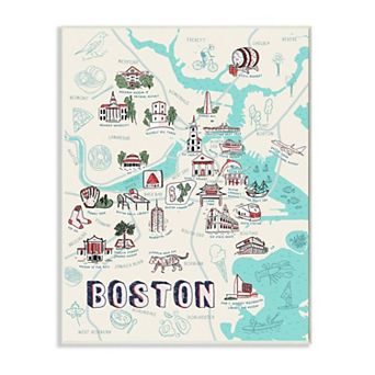 Stupell Home Decor Illustrative Map of Boston Massachusetts Landmarks Wall Art