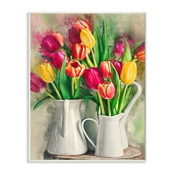 Stupell Home Decor Colorful Tulip Assortments in Farm Pitchers Wood Wall Art