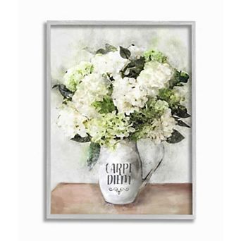 Stupell Home Decor Carpe Diem Motivation with White Hydrangea Bouquet Framed Wall Art