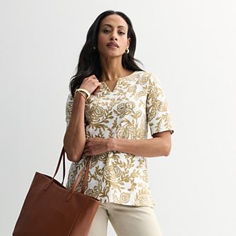 Women's Croft & Barrow® Elbow-Sleeve Splitneck Top