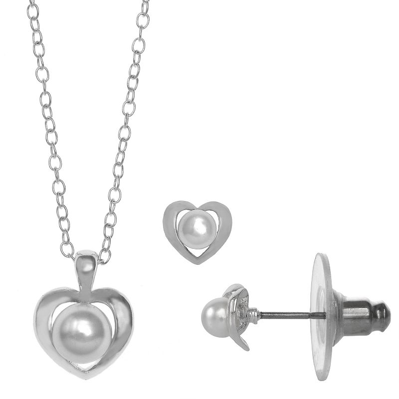 FAO Schwarz Simulated Pearl Heart Pendant Necklace & Earring Set, Girls, W