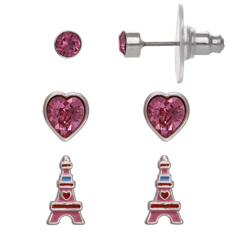 FAO Schwarz Crystal Heart & Eiffel Tower Trio Stud Earring Set, Girls, Pin