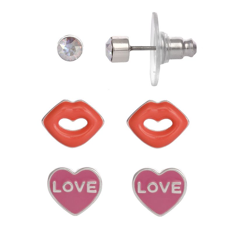 FAO Schwarz Lips & Heart Trio Stud Earring Set, Girls, Pink