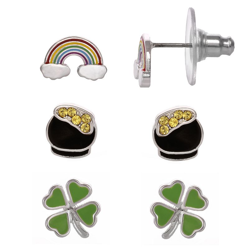 FAO Schwarz Trio Earring Set With Pot Of Gold, Shamrock & Rainbow Studs, Gi