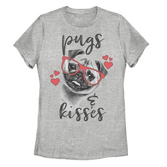 Juniors' Pugs And Kisses Red Hearts Graphic Tee