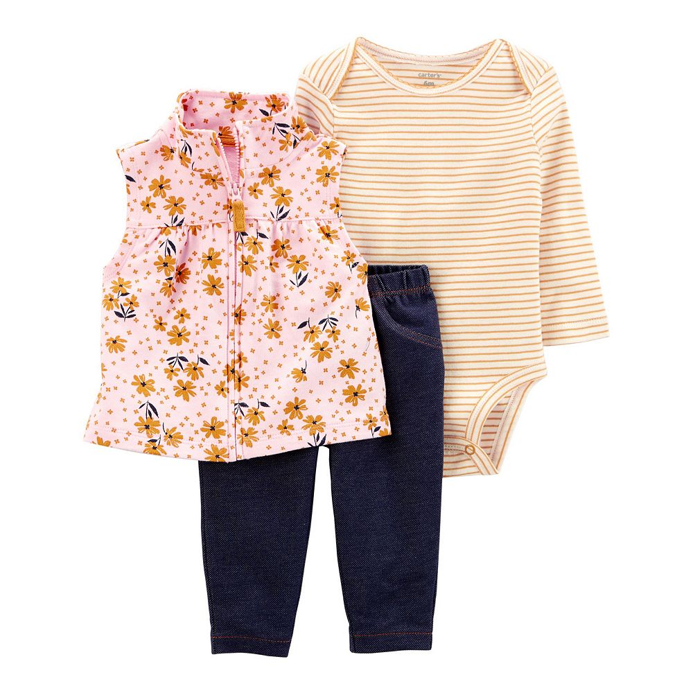 Carter's 3pc Baby Girl Peach Flower Bodysuits and Purple Pants Set main image 0