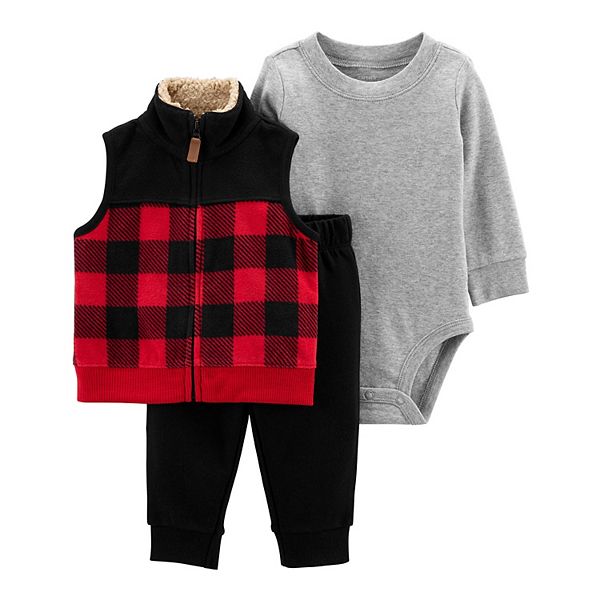 Red/Black Carters Baby Boys Hooded Buffalo-Check Toggle Vest 
