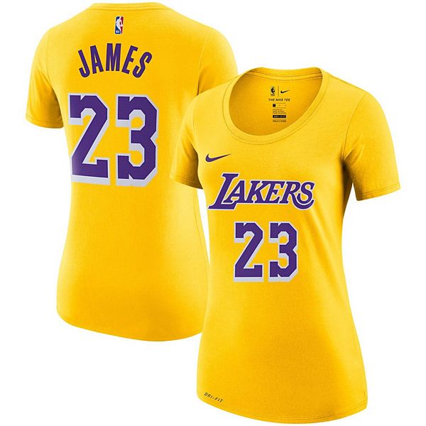 Women's Nike LeBron James Gold Los Angeles Lakers 2019/20 Name & Number Performance T-Shirt Women's Nike LeBron James Gold Los Angeles Lakers 2019/20 Name & Number Performance T-Shirt