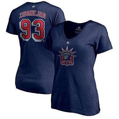 Women's Fanatics Branded Mika Zibanejad Navy New York Rangers 2020/21 Special Edition Authentic Stack Name & Number V-Neck T-Shirt