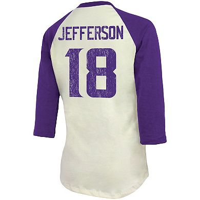 Women's Fanatics Branded Justin Jefferson Cream/Purple Minnesota Vikings Player Raglan Name & Number 3/4-Sleeve T-Shirt