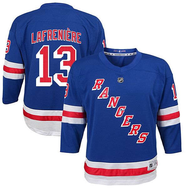 Men's Fanatics Branded Alexis Lafreniere Blue/Red New York Rangers Player Lace-Up V-Neck Pullover Hoodie