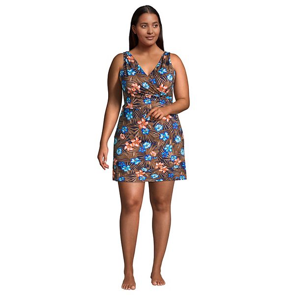 Plus Size Lands' End Print Tummy Control Surplice One-Piece Swim Dress