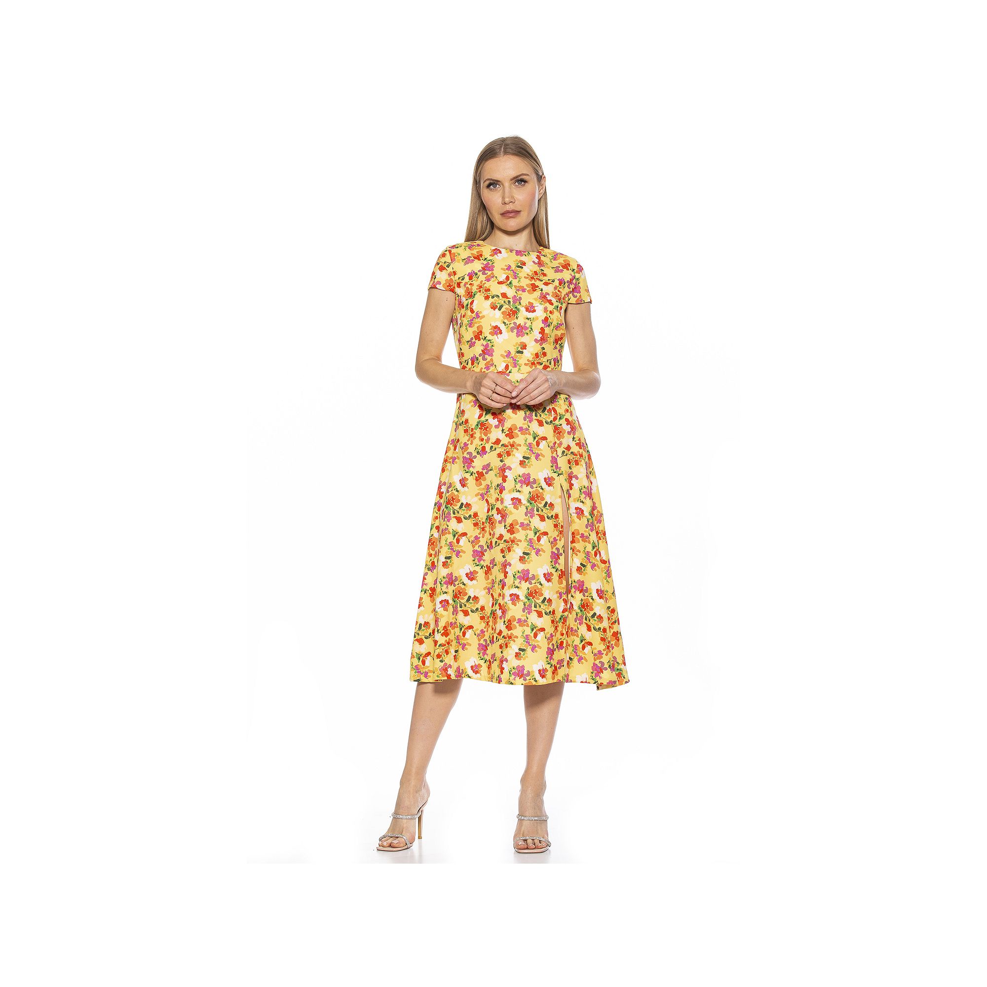Womens ALEXIA ADMOR Lily High-Slit Midi Dress, Size: 2, Yellow Watercolors