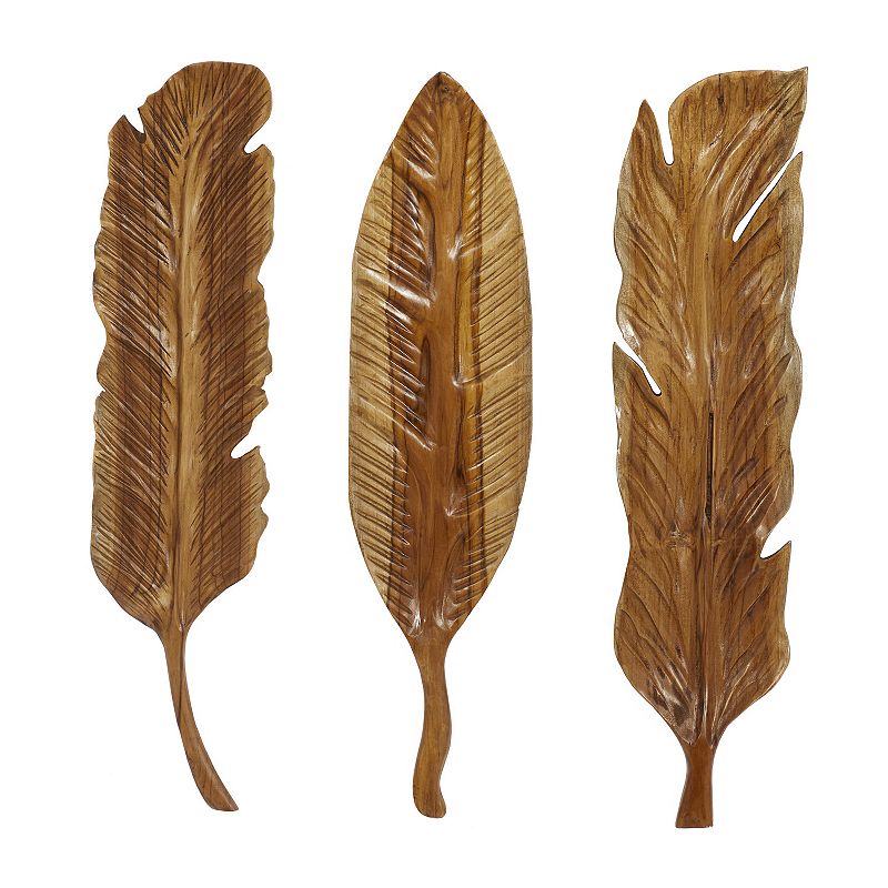 DecMode Brown Teak Wood Handmade Carved Feather Bird Wall Decor (1 Count)