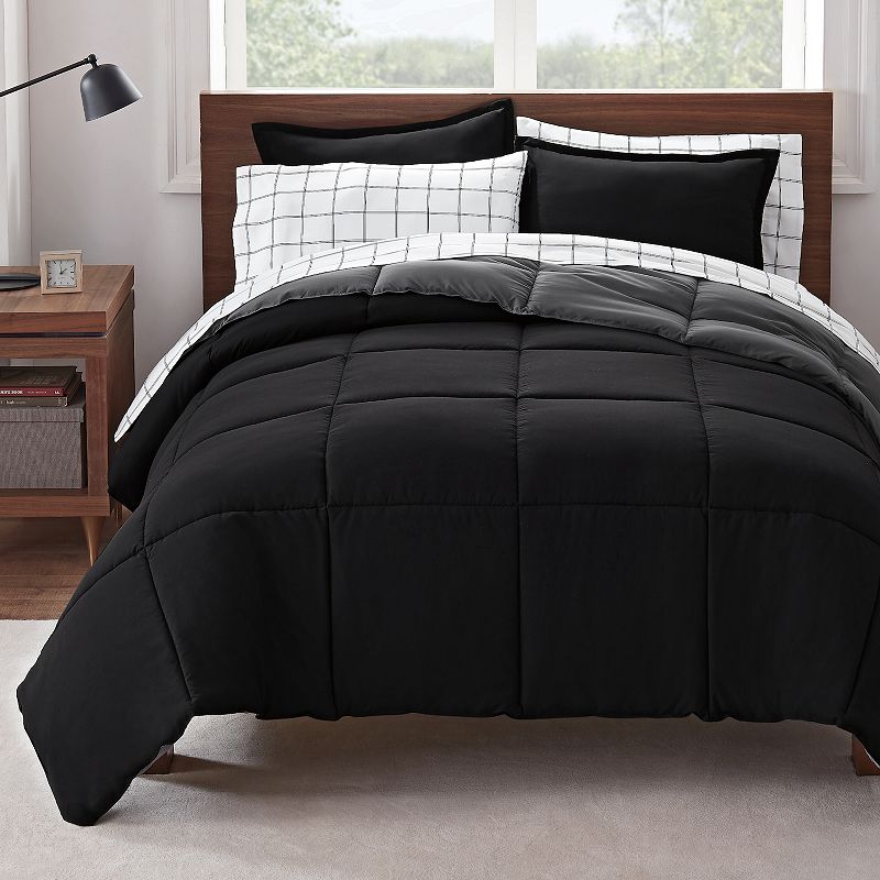 Serta Simply Clean Antimicrobial Reversible Comforter Set with Sheets, Blac