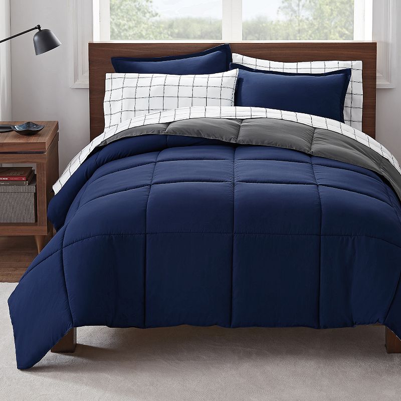 Serta Simply Clean Antimicrobial Reversible Comforter Set with Sheets, Blue