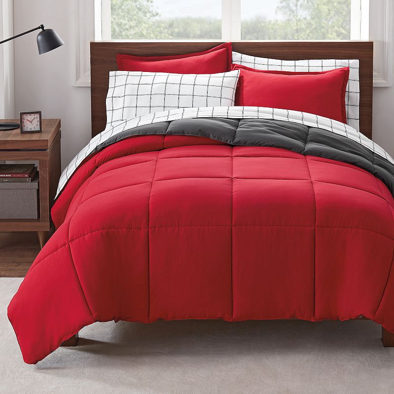 Serta Simply Clean Antimicrobial Reversible Comforter Set with Sheets, Red,