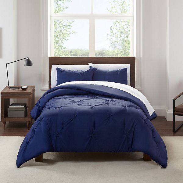 3pc King Simply Clean Pleated Comforter Set Navy - Serta