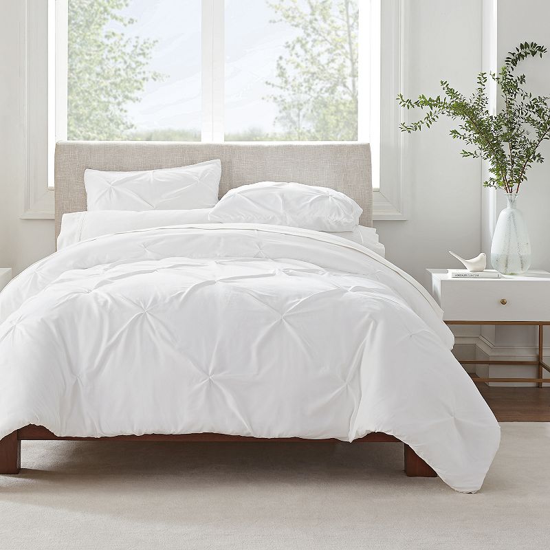 Serta Simply Clean Antimicrobial Pleated 3-Piece Duvet Cover Set, White, Fu