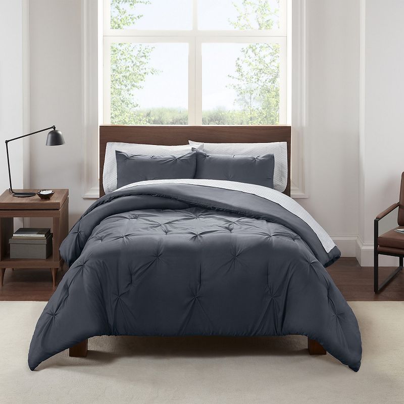 Serta Simply Clean Antimicrobial Pleated Comforter Set with Sheets, Grey, K