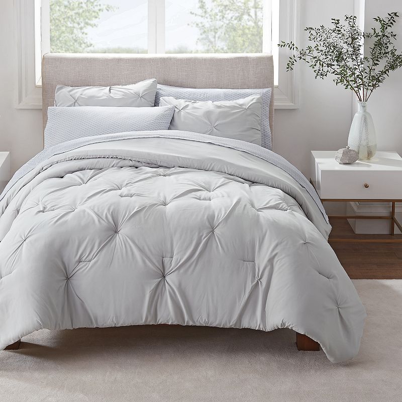 Serta Simply Clean Antimicrobial Pleated Comforter Set with Sheets, Grey, Q