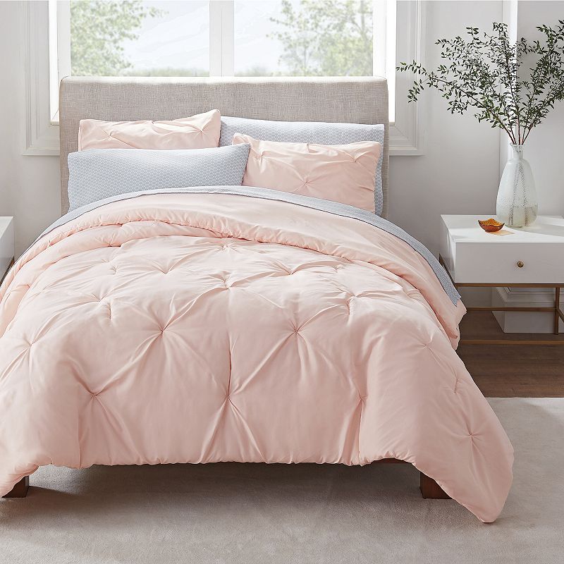 Serta Simply Clean Antimicrobial Pleated Comforter Set with Sheets, Pink, T