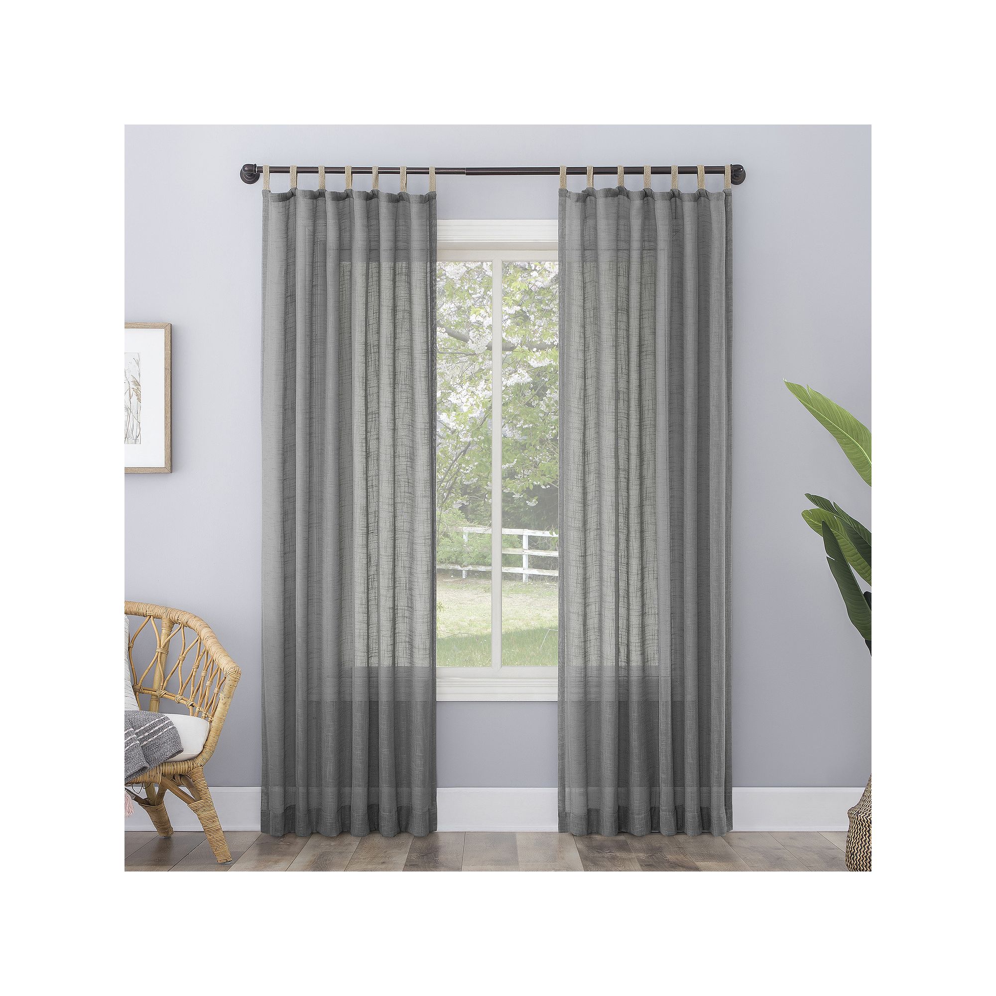 No. 918 Ceri Linen Texture Jute Tabs Semi-Sheer Tab Top Window Curtain, Gra