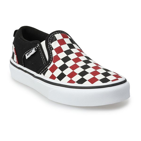 Red and black store checkered vans slip ons