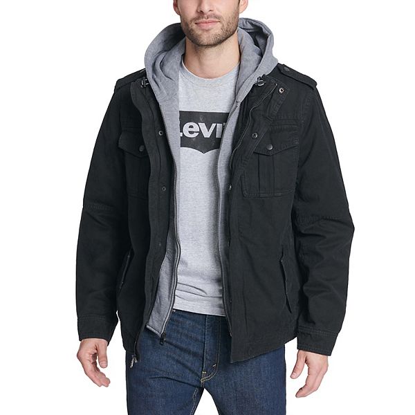 Mens Levis® Washed Cotton Quilt-Lined Hooded Trucker Jacket - Black (M)