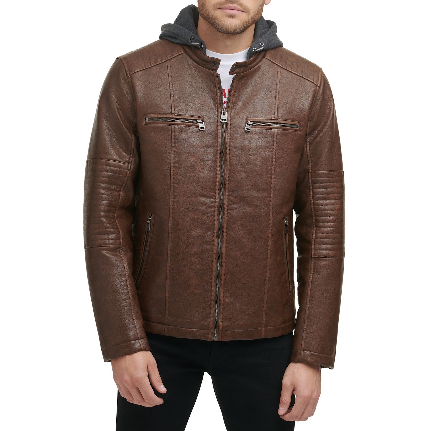 Image for Levi's Men's Faux-Leather Hooded Racer Jacket at Kohl's.