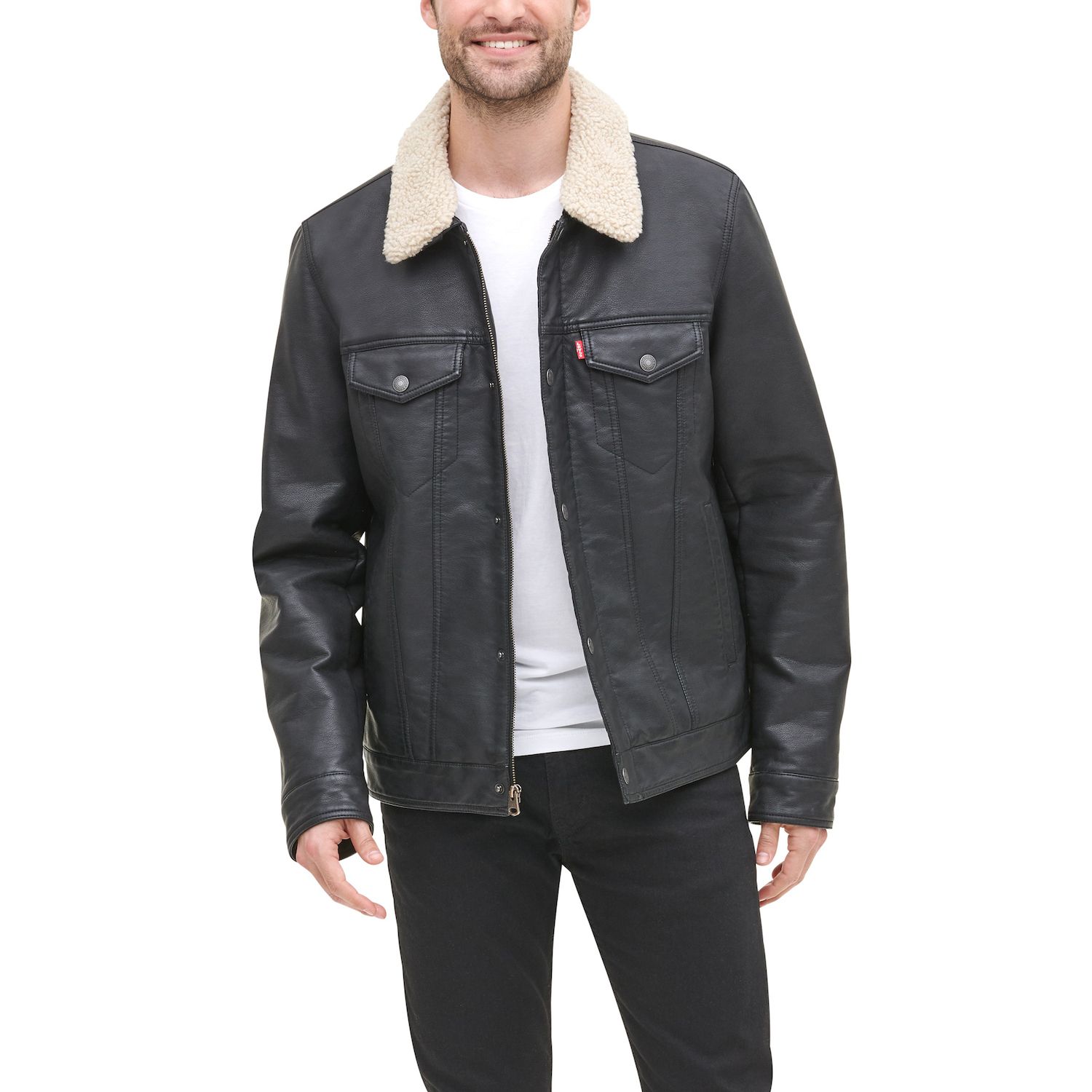 Image for Levi's Men's Faux-Leather Sherpa Collar Trucker Jacket at Kohl's.