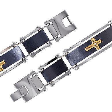 Men's Tri-Tone Stainless Steel Cubic Zirconia Cross Bracelet