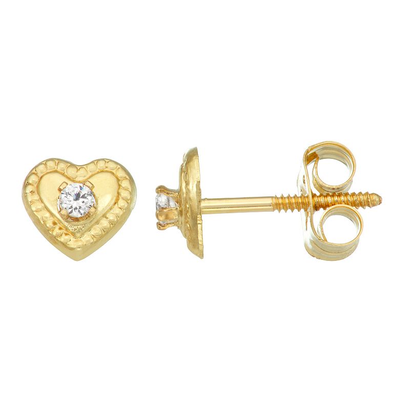 Charming Girl 14k Gold Cubic Zirconia Puffed Heart Stud Earrings, Womens