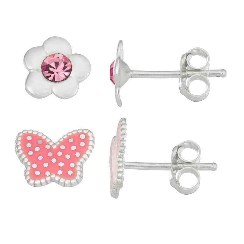 Charming Girl Sterling Silver Enamel Butterfly & Crystal Flower Earring Set