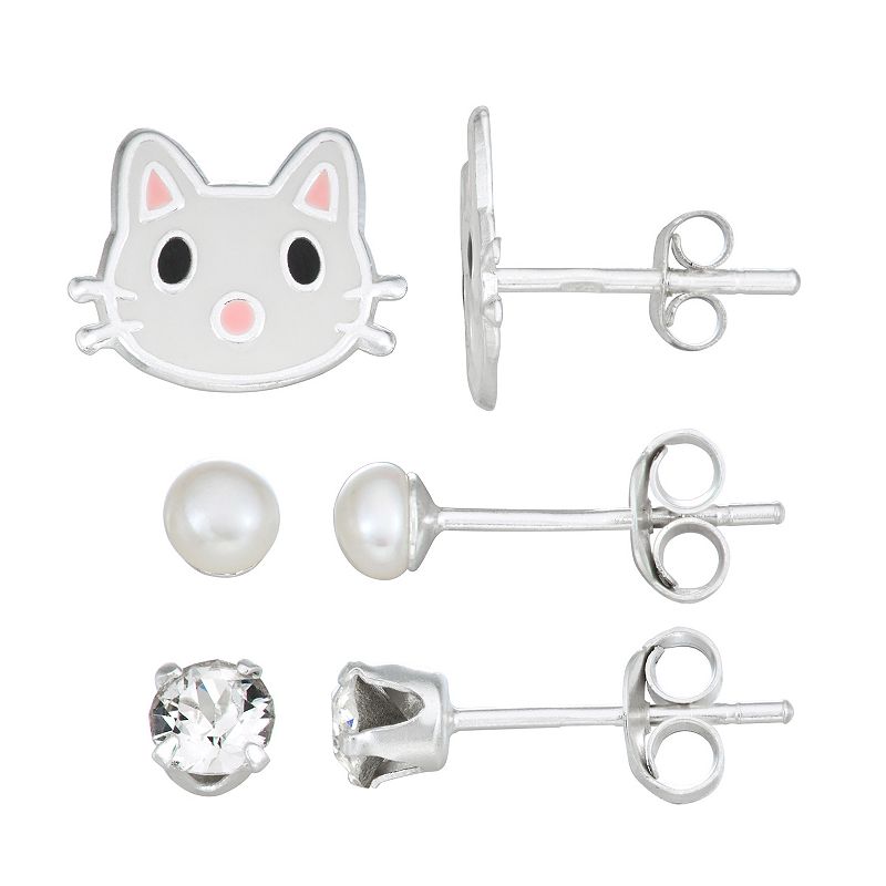 Charming Girl Sterling Silver 3 Pair Crystal, Pearl & Enamel Cat Earring Se