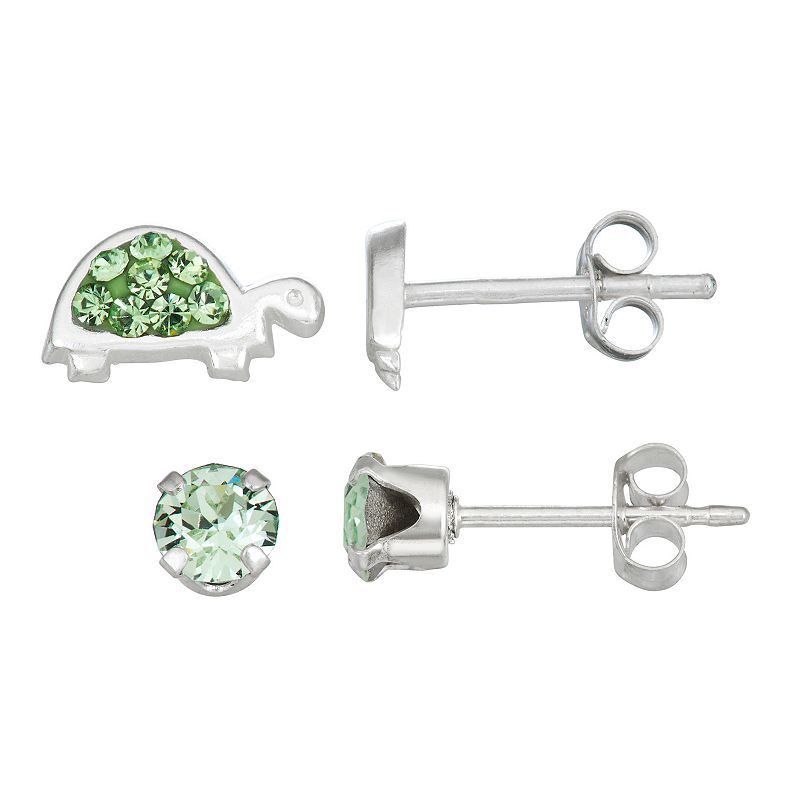 Charming Girl Sterling Silver Crystal Turtle & Crystal Stud Earring Set, Wo