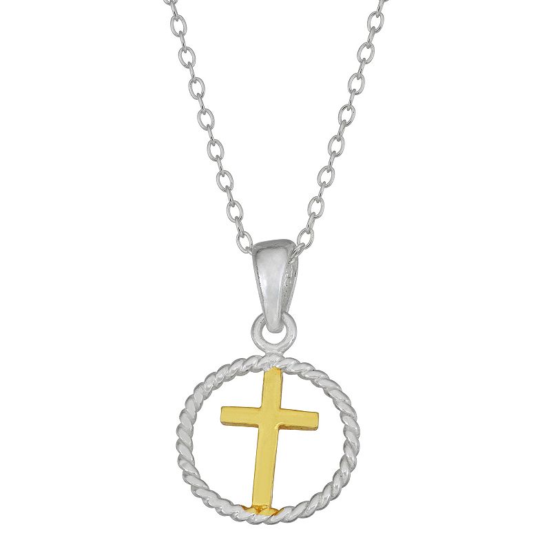 Charming Girl Two Tone Sterling Silver Wreath Cross Pendant, Womens, Size