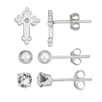 Charming Girl Kids' Sterling Silver 3 Pair Ball Stud, Crystal Stud & Cross Earring Set