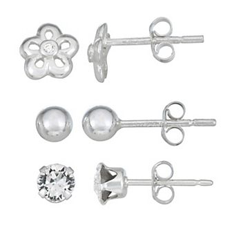Charming Girl Kids' Sterling Silver 3 Pair Ball, Crystal & Flower Stud Earring Set