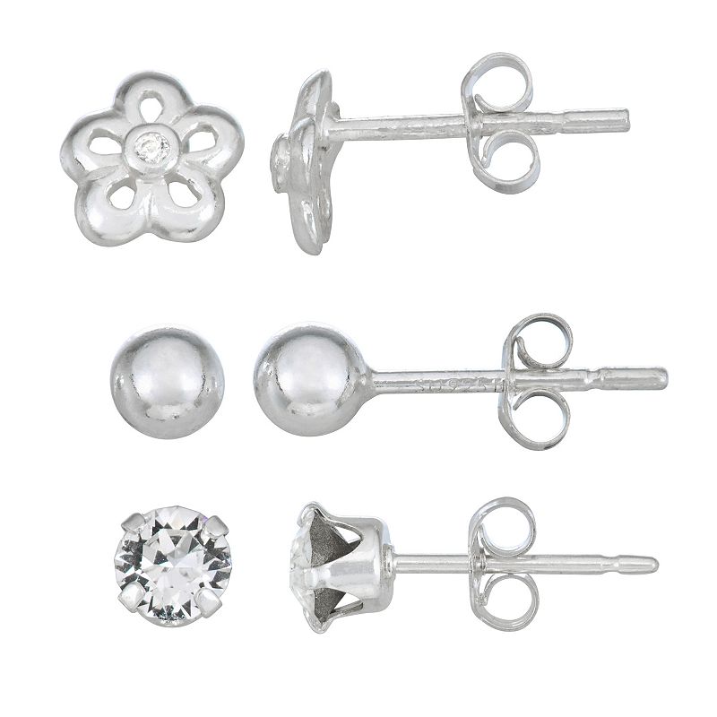 Charming Girl Sterling Silver 3 Pair Ball, Crystal & Flower Stud Earring Se
