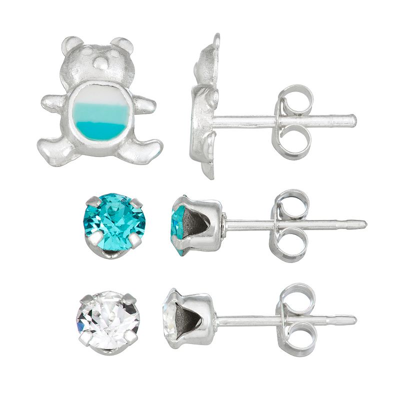 Charming Girl Sterling Silver 3 Pair Crystal Stud & Blue Teddy Bear Earring