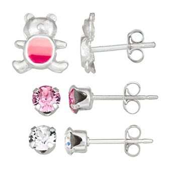 Charming Girl Kids' Sterling Silver 3 Pair Crystal Stud & Pink Teddy Bear Earring Set